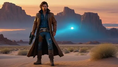 Space cowboy, rugged facial features, messy brown hair, piercing blue eyes, worn leather duster coat, faded denim pants, heavy boots, utility belt with multiple pouches, dual wielded sci-fi pistols, m