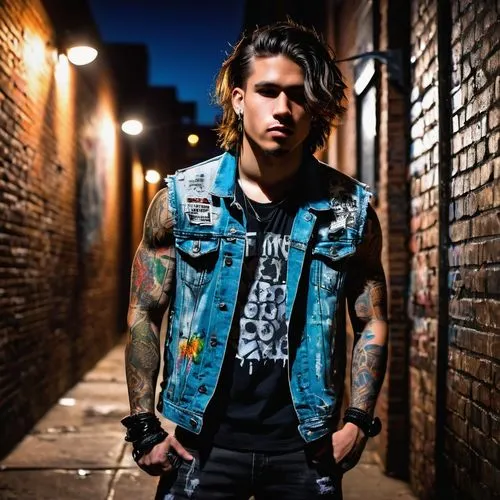 punk,denim jacket,jean jacket,denim background,photo session in torn clothes,rocker,rockabilly style,vest,trespassing,rockabilly,punk design,ryan navion,joey,leather jacket,mohawk hairstyle,jeans background,bluejeans,rock music,alleyway,jacob,Illustration,American Style,American Style 08