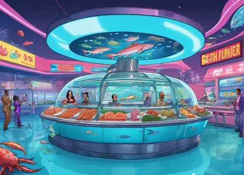 retro diner,seafood counter,ufo interior,aquariums,dolphinarium,aquarium,food court,fast food restaurant,fish market,aquaculture,ice cream shop,cartoon video game background,diner,underwater playground,pet shop,diamond lagoon,teacups,futuristic landscape,spaceship space,star kitchen,Illustration,Vector,Vector 19