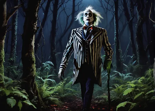 slender,forest man,haunted forest,horror clown,creepy clown,sleepwalker,pierrot,forest dark,wraith,sci fiction illustration,joker,ghoul,the woods,harlequin,mystique,cruella de ville,costume design,scary clown,the ugly swamp,undead warlock,Illustration,Paper based,Paper Based 03