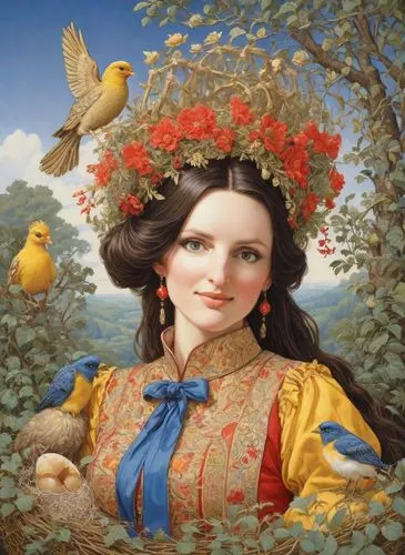 girl in flowers,primavera,girl picking flowers,tretchikoff,girl in the garden,flower and bird illustration