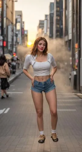 the camera captures a vibrant image of a caucasian girl, who wears a brown hairstyle, brown hair, blue eyes, red lips, and black sports hoes. The girl walks straight for a bustling street in Tokyo at 