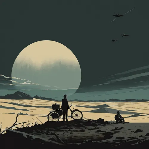 motorcycles,post-apocalyptic landscape,lunar landscape,sci fiction illustration,bikes,motorcycle,moon rover,motorbike,viewing dune,bicycle,tranquility base,digital nomads,dune,wasteland,travelers,post apocalyptic,futuristic landscape,bicycle ride,bicycling,nomads,Illustration,Japanese style,Japanese Style 08