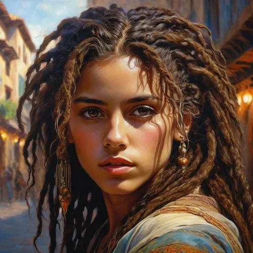 dreadlocks,fantasy portrait,girl portrait,mystical portrait of a girl,romantic portrait,oil painting on canvas,fantasy art,oil painting,young woman,girl in a historic way,portrait of a girl,artemisia,polynesian girl,world digital painting,artist portrait,young lady,boho art,african american woman,woman portrait,italian painter,Photography,Documentary Photography,Documentary Photography 37