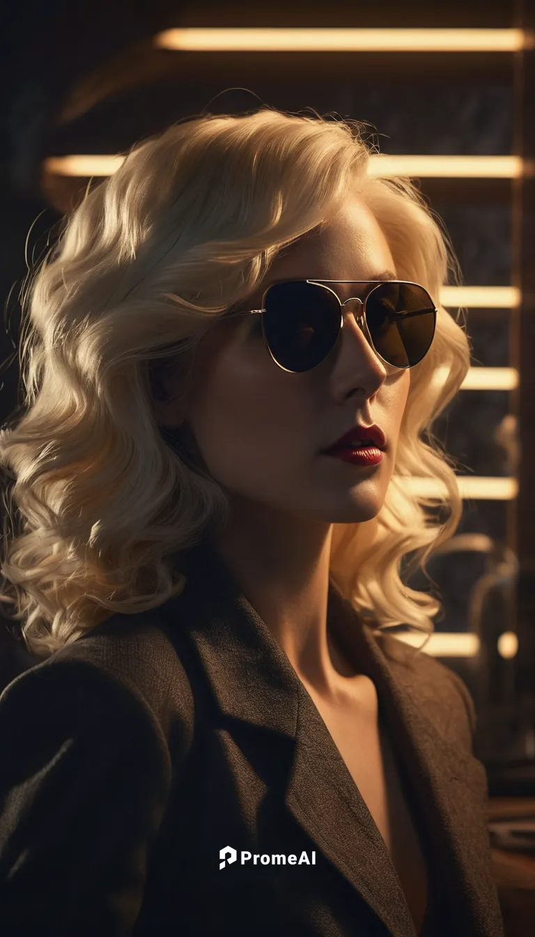 Describe an eccentric character who always wears sunglasses indoors, regardless of the setting or time of day.,femme fatale,spy visual,spy-glass,spy,blonde woman,laurel,business woman,businesswoman,ca