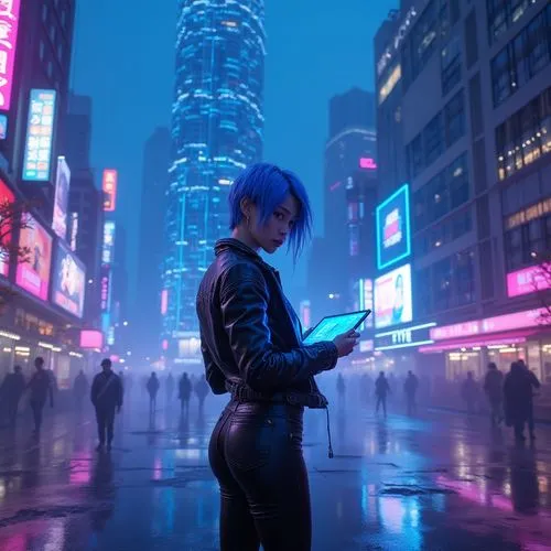 motoko,cyberpunk,cyberpunks,cortana,bladerunner,cyberworld,utada,futuristic,blue hour,blue rain,ayane,cybercity,neuromancer,woman holding a smartphone,indigo,aqua,wet smartphone,shinjuku,androids,cyber,Photography,General,Realistic