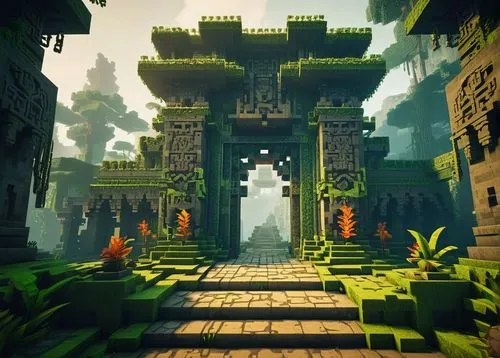 ancient city,voxel,labyrinthian,skylands,pakal,voxels,portal,ancient buildings,entrada,ravine,mausoleum ruins,ziggurat,shaders,ruins,city gate,arbor,pillars,platforming,shader,ruin,Unique,Pixel,Pixel 03