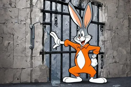 Cartoonish, Bugs Bunny, prisoner, orange jumpsuit, handcuffs, prison bars, cellmate, worried expression, messy hair, banter dialogue bubble, comedic pose, leaning on wall, grey stone walls, iron gates