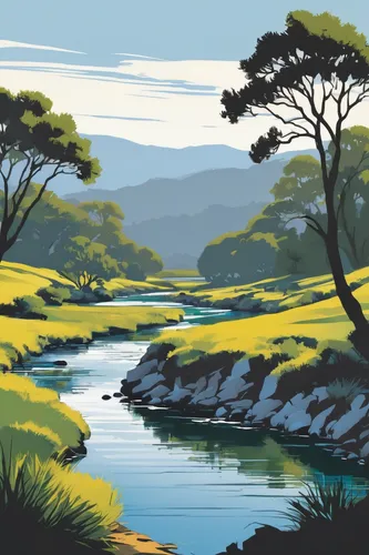 Jim Lamb Landscape Painting - Afternoon on Aliso Creek,brook landscape,river landscape,flowing creek,river juniper,freshwater marsh,river cooter,a river,streams,natural landscape,natural brush,swampy 