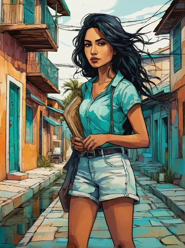 rosa ' amber cover,sci fiction illustration,havana,world digital painting,cuba background,game illustration,digital illustration,moana,bombay,teal blue asia,digital painting,girl with gun,bora-bora,girl with a gun,turquoise,vietnam,rosa bonita,color turquoise,agua de valencia,jasmine,Illustration,Realistic Fantasy,Realistic Fantasy 23