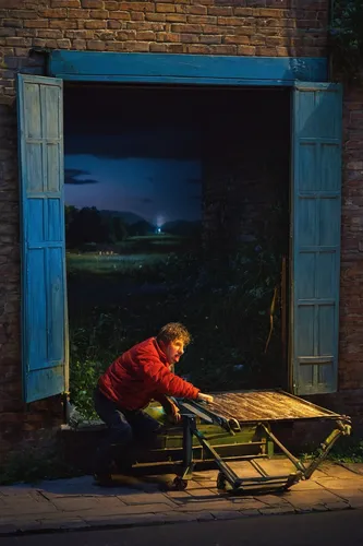 man on a bench,bicycle mechanic,night scene,outdoor bench,blacksmith,greengrocer,digital compositing,repairman,conceptual photography,bench,blue pushcart,photo manipulation,wheelbarrow,park bench,red bench,light painting,evening atmosphere,garden bench,tradesman,peddler,Art,Classical Oil Painting,Classical Oil Painting 16