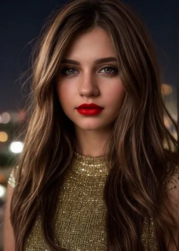 a portrait half body of a caucasian girl 24 years old brown hair, red lips dressing a casual outfit the miami city in the night as background in 4k,portrait background,red lips,artificial hair integra