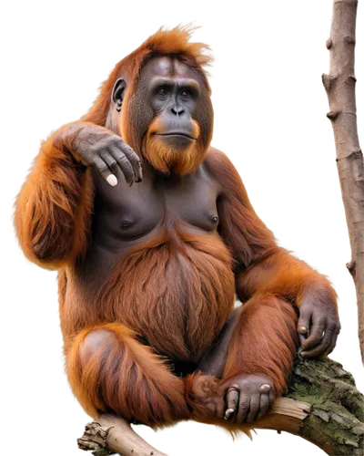 Fat orangutan, adult, male, sitting, relaxed posture, fur fluffy, orange-brown color, messy hair, bright inquisitive eyes, gentle facial expression, soft skin texture, wrinkled hands, grasping a tree 