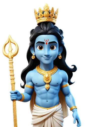 Lord Shiva, Indian deity, powerful masculine figure, blue skin, serpent around neck, third eye on forehead, long black hair, golden crown, elegant white dhoti, sacred thread, holding trident, Abhaya M