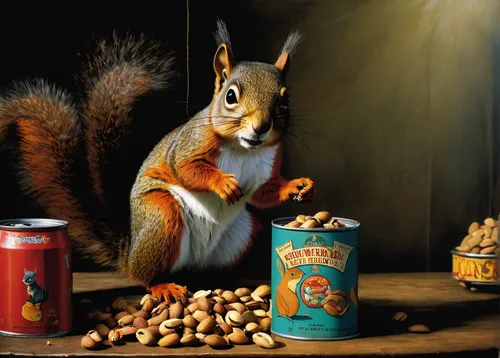 nuts & seeds,racked out squirrel,mixed nuts,the squirrel,nuts,abert's squirrel,beaked hazelnut,douglas' squirrel,squirrel,eurasian squirrel,pine nuts,squirrels,eurasian red squirrel,acorns,atlas squirrel,red squirrel,hazelnut,oil painting on canvas,anthropomorphized animals,chestnut animal,Illustration,Realistic Fantasy,Realistic Fantasy 29