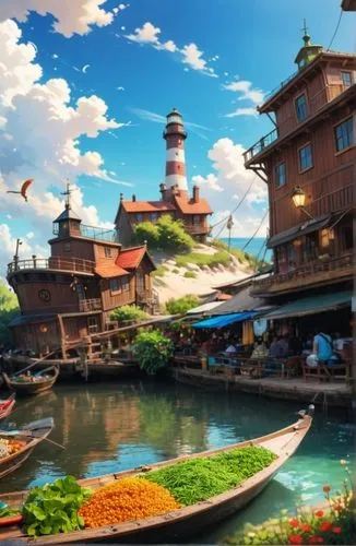 停靠在旁的小船，旁邊是水上市集,the floating city on the water with a boat and some flowers,floating market,tokyo disneysea,popeye village,shanghai disney,disneysea,disney sea