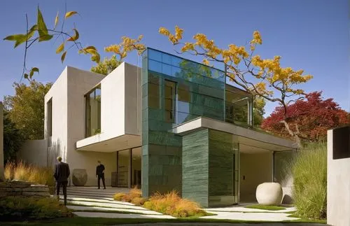 a modern house in the midst of an orange tree,modern house,cubic house,cube house,modern architecture,mid century house,glass facade,Photography,Fashion Photography,Fashion Photography 05