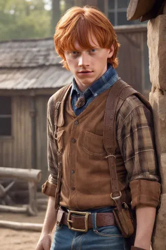 Ron Weasley is a sturdy lad with red hair and freckles dotted across his face. For a ranchero look, he could wear a plaid shirt in earthy tones, with sleeves rolled up to the elbows for added comfort.