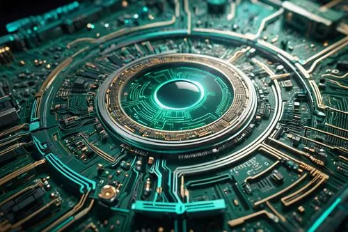 The background is blue-green, with a hollow circle on the right side of the image. Various technological lines and rays are radiating outwards from it,a futuristic design that looks like it is being p