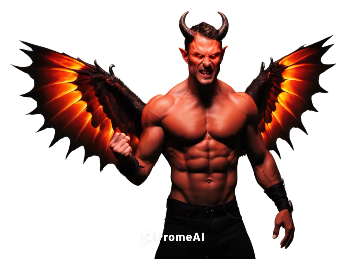 Demon, red skin, horns, sharp teeth, pointed ears, muscular build, black wings, fiery eyes, flames in background, solo, powerful pose, low angle shot, dramatic lighting, high contrast, cinematic compo