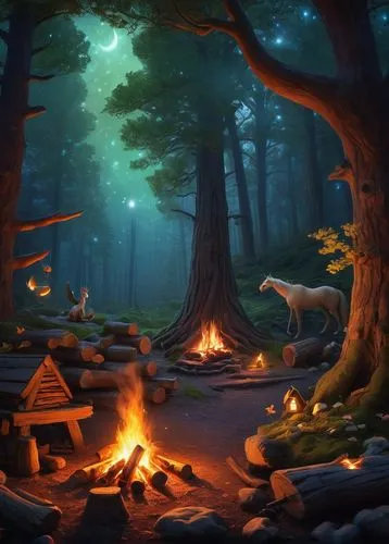 campfire,cartoon video game background,forest landscape,campfires,mushroom landscape,druid grove,forest background,elven forest,forest glade,fairy forest,enchanted forest,cartoon forest,campsite,fantasy landscape,forest floor,forest,the forest,deciduous forest,fairytale forest,coniferous forest,Art,Artistic Painting,Artistic Painting 21