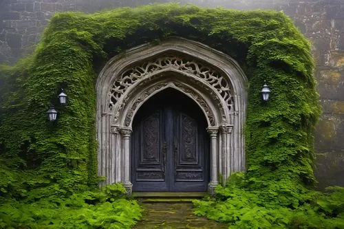 Ancient, mysterious Zumthor-inspired architecture, solitary, abandoned, foggy atmosphere, intricate stone carvings, grandiose entrance, high ceilings, narrow windows, mystical lanterns, overgrown with