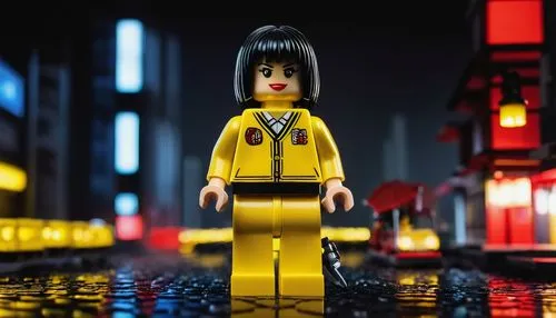 Lego figure, Kill Bill character, Gogo Yubari, Japanese assassin, deadly beauty, short black hair, pale skin, red lips, iconic sword, katana, traditional Japanese clothing, hakama, obi, tabi socks, sa