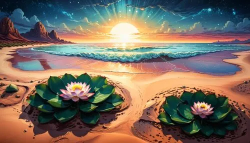 mesmerizing lotus,an abstract painting of water and land,flowerful desert,sunburst background,cactus digital background,asuntos,desert landscape,desert background,Illustration,Realistic Fantasy,Realis