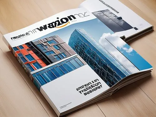 Modern architectural design magazine, Amazon logo on cover, glossy paper texture, white background, bold font title, colorful 3D building models, minimalist interior design, sleek lines, Scandinavian 