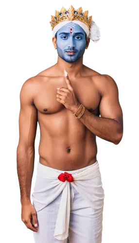 Krishna, Indian god, blue skin, crown, gold jewelry, white dhoti, bare chest, muscular arms, holding conch shell, lotus flower, peaceful expression, soft focus, warm lighting, shallow depth of field, 