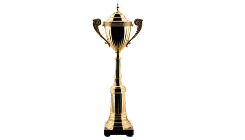 Golden trophy, luxury award, sleek design, reflective surface, ornate details, pedestal base, dramatic spotlight, shallow depth of field, cinematic composition, vibrant color tone, 3/4 angle, close-up