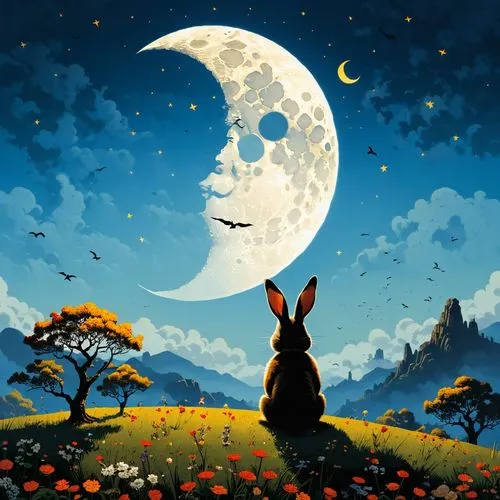 中秋節快樂，有月亮、兔子、漫天花海、“心齋“,an bunny sits on a hill in the evening with a full moon,moon and star background,bunnicula,ostara,lapine,big moon,halloween wallpaper,Conceptual Art,Sci-Fi,Sci-Fi 17