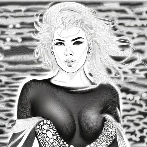 siren,digital drawing,digital art,marilyn,digital artwork,the sea maid,the blonde in the river,marylyn monroe - female,fashion illustration,femme fatale,tura satana,digital illustration,grayscale,fant