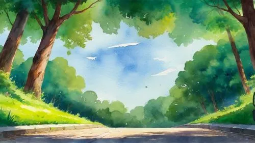 Ground watercolor,a drawing of a park with trees and a bench in the background,watercolor background,hosoda,cartoon video game background,forest road,landscape background,forest background