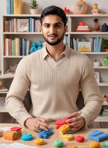 a man standing in front of shelves full of plastic toys,natekar,purab,kunal,akkineni,kunj,shivdasani,Digital Art,Clay