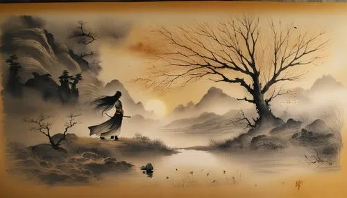 an oriental painting of a woman with black hair standing on a hill near a lake,watercolor background,watercolor tree,ink painting,desert landscape,forest landscape,fantasy landscape,dead vlei,underpai