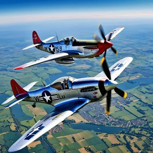 A captivating 3D render of a NAA P-51 Mustang WW II piston fighter aircraft with dull silver fuselage, mid-blue wings and red tail is flying 500 m above a group of Boeing B-17 U.S. WW II bombers on a 