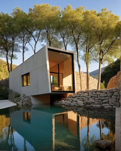 DISEÑO EXTERIOR DE UNA CABAÑA ESTILO MINIMALISTA, A BASE DE UNA ESTRUCTURA DE ACERO, FORRADA CON LAMINA DE ACERO, TROQUELADA NEGRA, CON UN VENTANAL PANOMRAMICO, SOPORTADA POR UN MURO DE PIEDRA, QUE CO