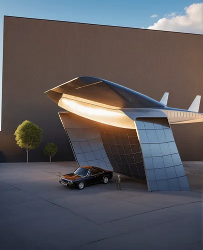 Generate   hyper realistic  img for car shed   inspired  by the model  of aircraft 
 Where car is parked and man is standing  on the ground ,futuristic art museum,solar vehicle,futuristic architecture