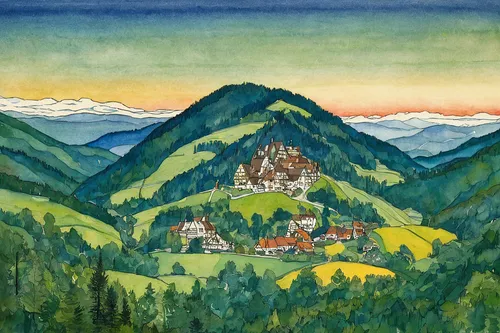 khokhloma painting,tatra,allgäu,rigi,mountain scene,tarasp,ramsau,iskanderkul,berge stahl,mountain village,wolfschlugen,mountain settlement,escher village,stockhorn,1925,1926,freudenberg,oberallgäu,stanserhorn,view of the mountains,Illustration,Retro,Retro 23