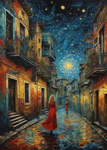 oil painting on canvas,italian painter,night scene,oil painting,art painting,starry night,moonlit night,blue moon,oil on canvas,boho art,girl walking away,fantasy art,fantasy picture,walking in the rain,light of night,venetian,woman walking,romantic night,rome night,world digital painting,Illustration,Realistic Fantasy,Realistic Fantasy 07