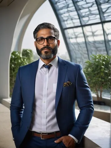 Middle-aged, muscular man, architect, solo, Karachi, Pakistan, modern Islamic architecture style, glasses, short beard, formal wear, white shirt, black tie, dark blue suit, holding a rolled-up bluepri