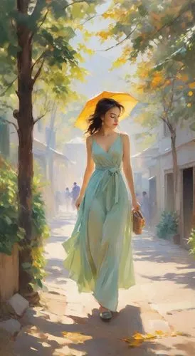 a painting of a woman in a long dress,woman walking,girl in a long dress,girl walking away,walking in a spring,nestruev,basov,Digital Art,Impressionism