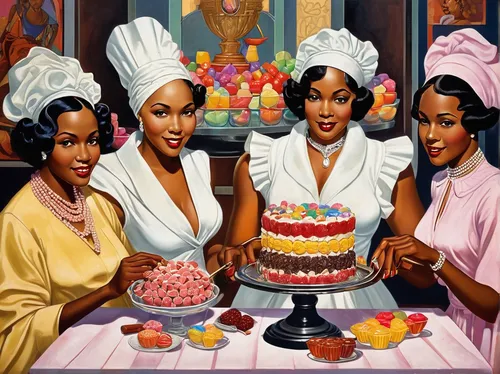 beautiful african american women,afro american girls,black women,sweetmeats,cake buffet,cake shop,happy day of the woman,african american woman,confection,happy kwanzaa,womens day,black woman,confectioner,celebration of witches,women's day,ladies group,modern pop art,vintage art,women at cafe,cake decorating,Illustration,Realistic Fantasy,Realistic Fantasy 21