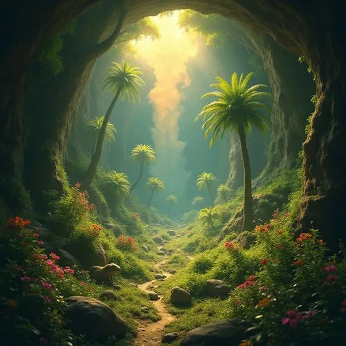 tropical forest,fantasy landscape,tunnel of plants,fantasy picture,cartoon video game background,garden of eden,Photography,General,Realistic