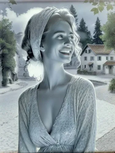 B&W photo of a nice smiling village beauty in 1900,woman in white dress smiling in street with trees,ingrid bergman,sonrisa,christmas woman,marilyn monroe,chaves,staritsa,Photography,Black and white p