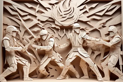 In a futuristic dystopia, a group of rebel fremen fight against an oppressive regime.,wood carving,stone carving,sand sculptures,the court sandalwood carved,carving,sand sculpture,art deco ornament,ca