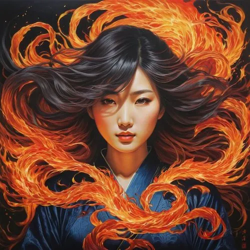 flame spirit,burning hair,fire siren,fiery,fire artist,fire angel,amaterasu,azula,flame of fire,xiaomei,kimchee,flame flower,pyromaniac,rongfeng,fire flower,asian woman,dancing flames,yangmei,lina,yongmei,Illustration,Japanese style,Japanese Style 18