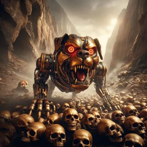 a robot that is on top of a lot of skulls,skull racing,ruination,war machine,terminator,gotrek,ultron