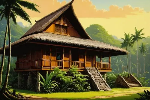 tropical house,javanese traditional house,stilt house,traditional house,polynesian,wooden house,treehouses,home landscape,wooden hut,holiday villa,longhouse,kunplome,polynesia,bungalows,house painting,huts,tropical island,polynesians,kampung,tambu,Conceptual Art,Sci-Fi,Sci-Fi 15